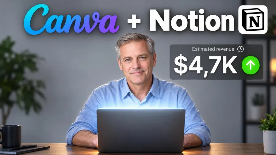 A thumbnail WThumb made: a person at a laptop in a light room, headline Canva plus Notion