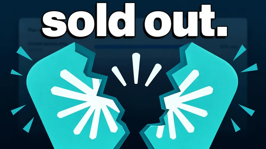A thumbnail WThumb made with no photograph: a cracked teal shape and nobody in the frame, headline sold out