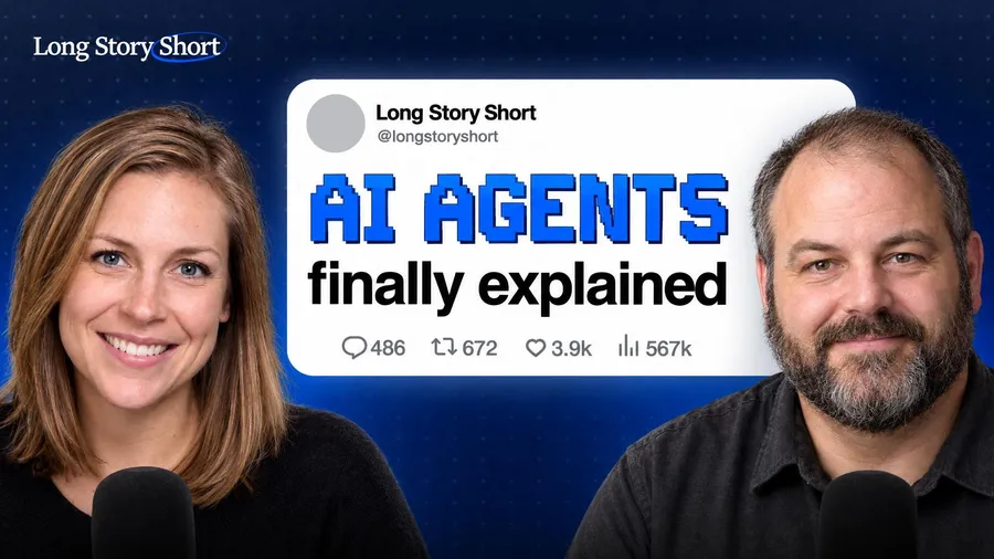 A thumbnail WThumb made: two hosts either side of a quoted post on a blue ground, headline AI agents finally explained