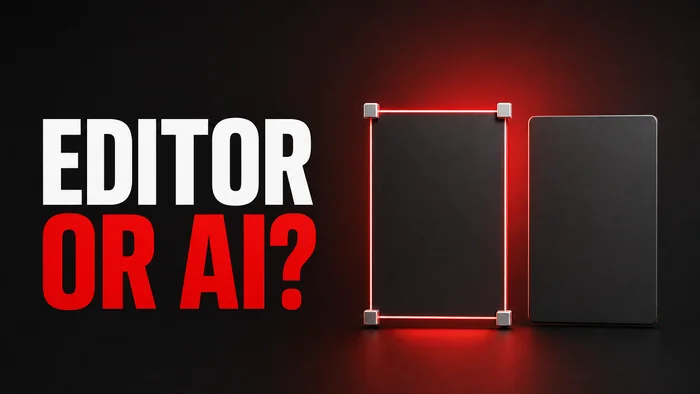 One frame with a drag handle on its corner beside a plain sealed frame, headline: Editor or AI?