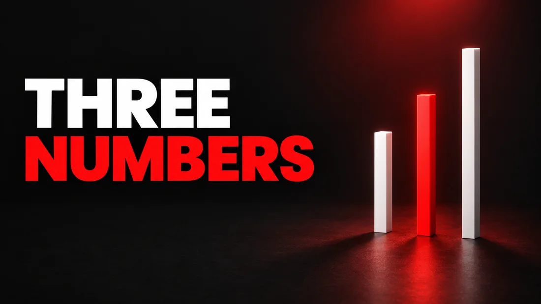 Dark cover with white THREE and red NUMBERS text. On the right, three thin white vertical bars of rising height on a dark plane, the middle one bright red, under one soft red light.