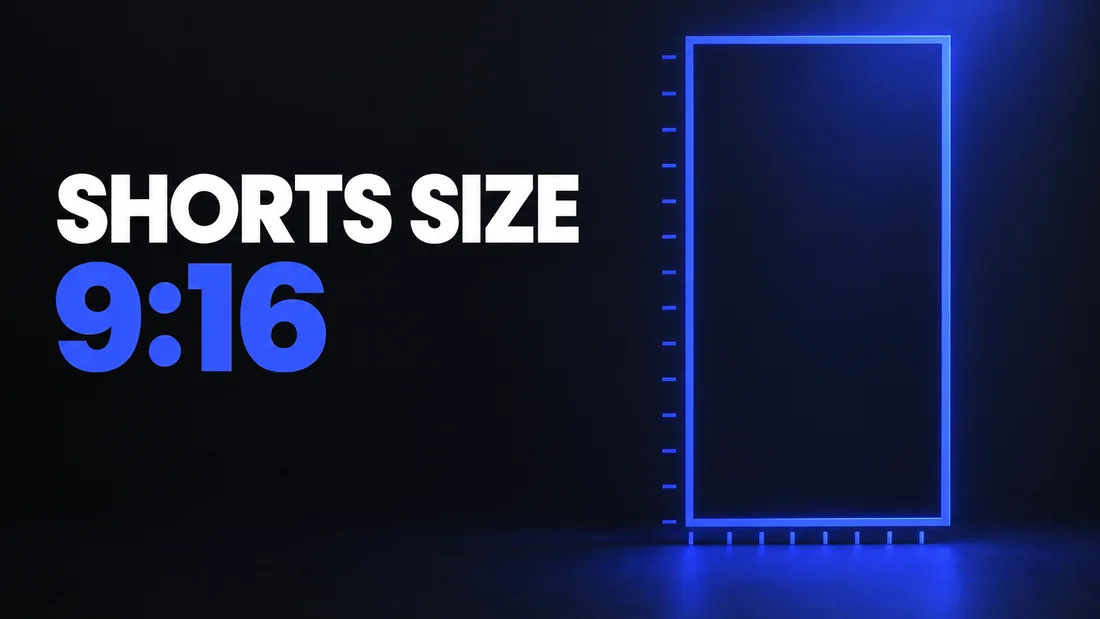 Dark cover with white SHORTS SIZE and blue 9:16 text. On the right, one tall upright outline frame in bright blue with small measuring ticks along its left and bottom edges, under one soft blue light.