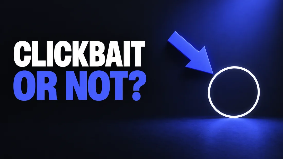 Dark cover with white CLICKBAIT and blue OR NOT? text. On the right, one thick bright blue arrow pointing at an empty white circle, under one soft blue light.