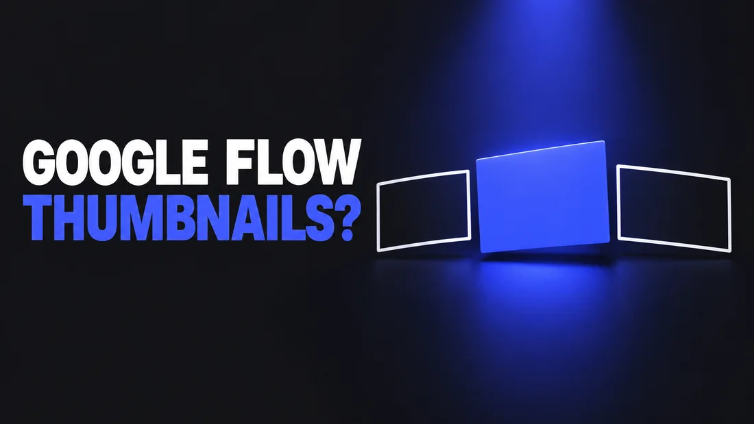 Dark cover with white GOOGLE FLOW and blue THUMBNAILS? text. On the right, three small wide white outline frames in a gently curving row like a strip of film, the middle one lifted out of the row, larger and solid bright blue, under one soft blue light.