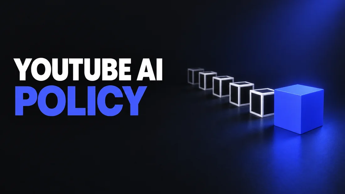 Dark cover with white YOUTUBE AI and blue POLICY text. On the right, a row of five identical small white outline cubes receding into the dark, and one larger solid bright blue cube stepping forward out of the row, under one soft blue light.