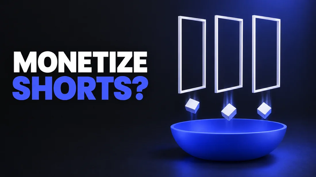 Dark cover with white MONETIZE and blue SHORTS? text. On the right, three tall thin white outline frames standing in a row, each dropping one small white cube into one wide shallow bright blue bowl in front of them, under one soft blue light.