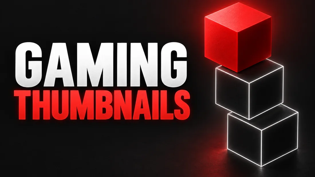 Three isometric cubes stacked in a staggered column with the top cube red, headline: GAMING THUMBNAILS