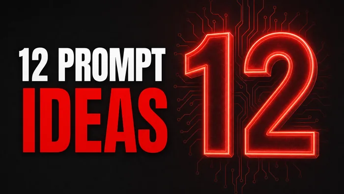 A large glowing numeral 12 over a faint circuit trace, headline: 12 prompt ideas