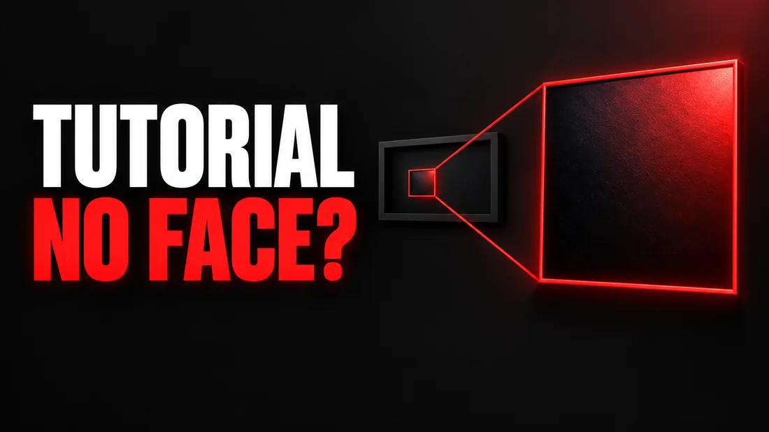 A small rectangle inside a wide frame with two diverging lines leading to a large red copy of it, headline: TUTORIAL NO FACE?