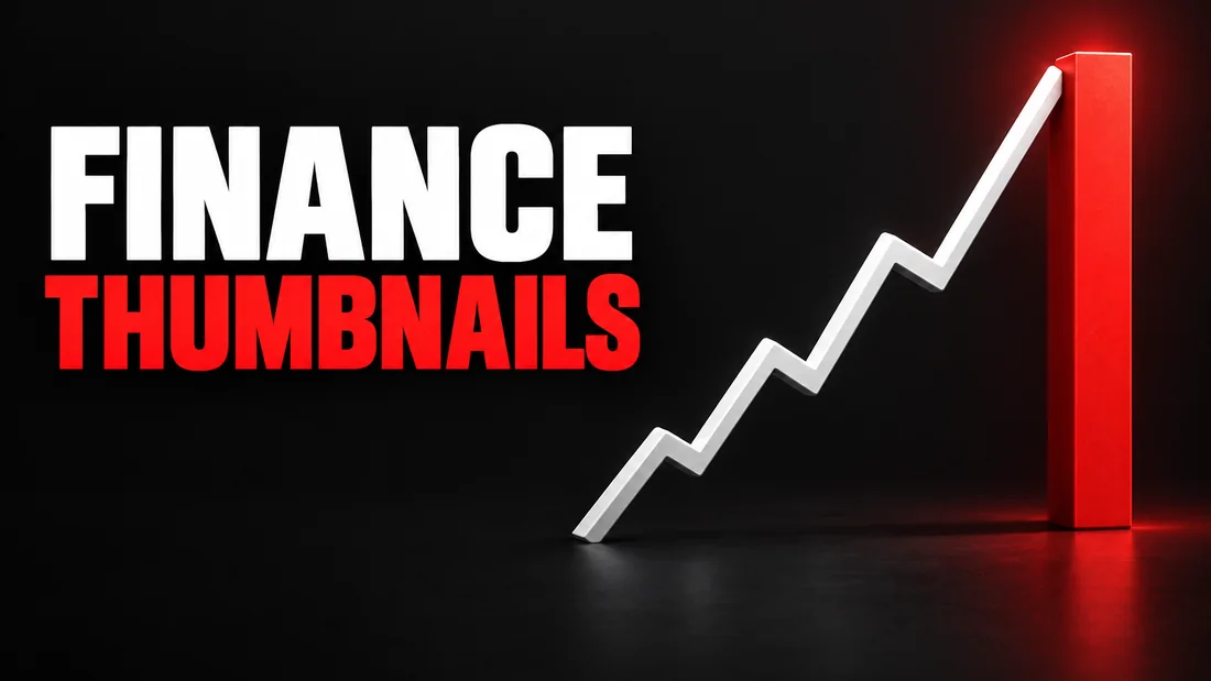 A white zigzag line climbing to a single vertical red bar, headline: FINANCE THUMBNAILS