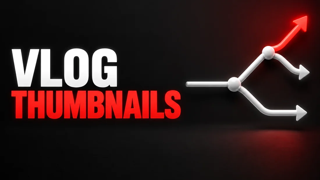 A single white line forking into two branches, one of which forks again, with the final branch drawn in red, headline: VLOG THUMBNAILS