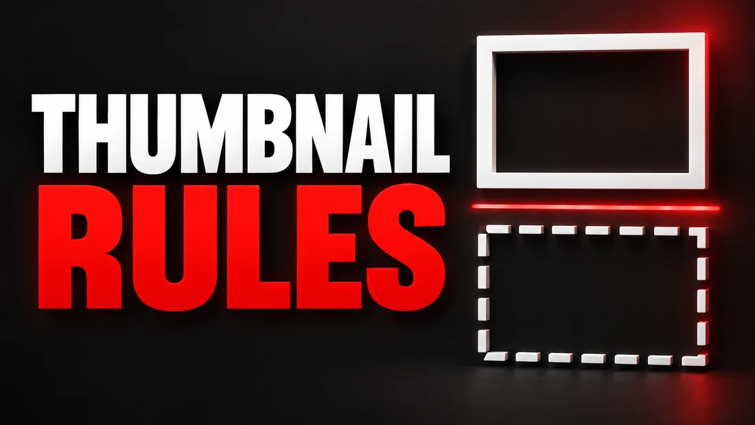 A solid white frame above a dashed white frame, separated by a single red horizontal line, headline: THUMBNAIL RULES