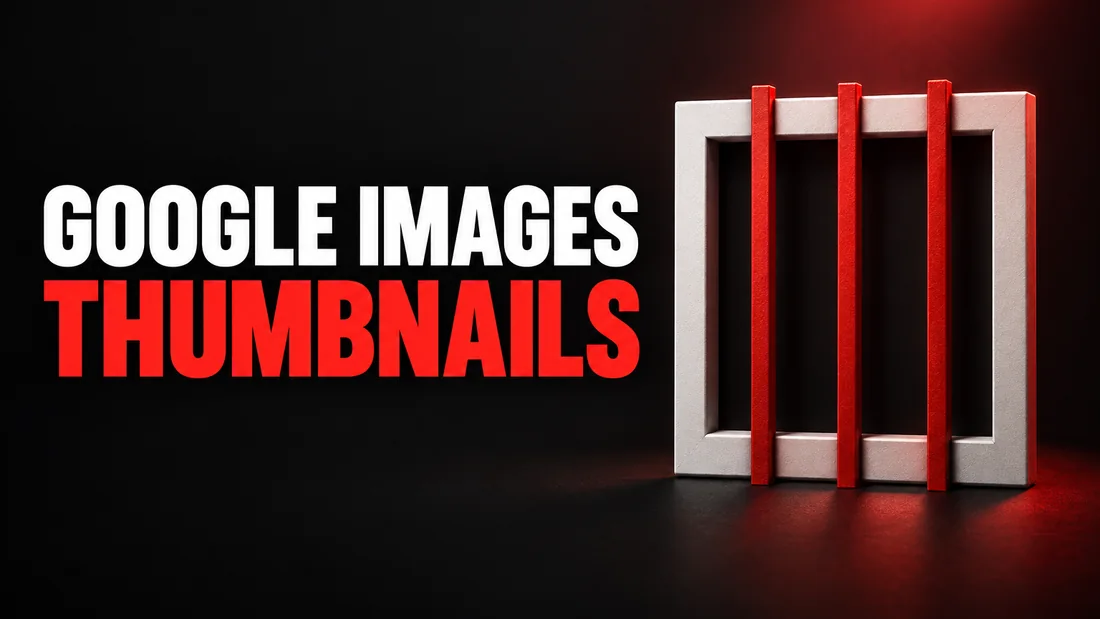 A white frame behind three thin red vertical bars, headline: GOOGLE IMAGES THUMBNAILS
