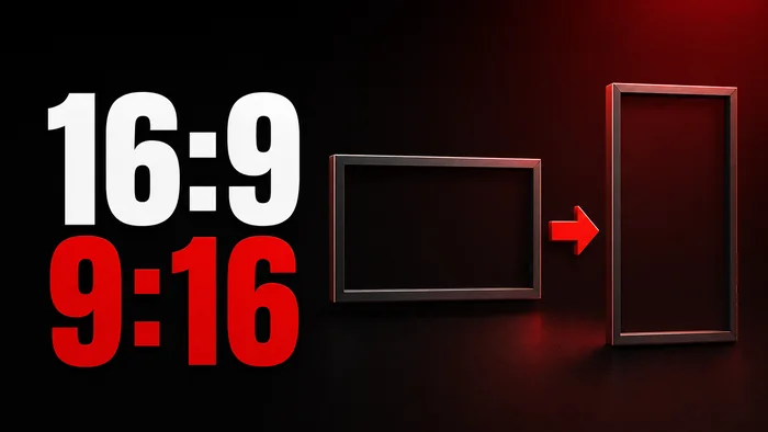 A wide frame and a tall frame with a red arrow between them, headline: 16:9 to 9:16