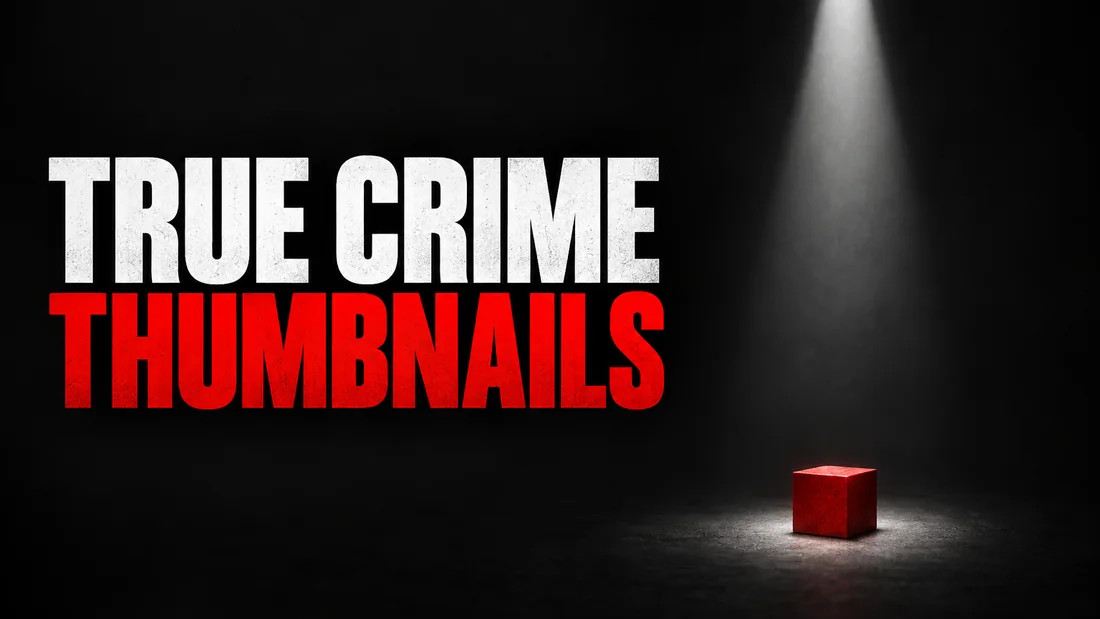 A narrow cone of white light from the top edge landing on one small red square on a dark ground, headline: TRUE CRIME THUMBNAILS