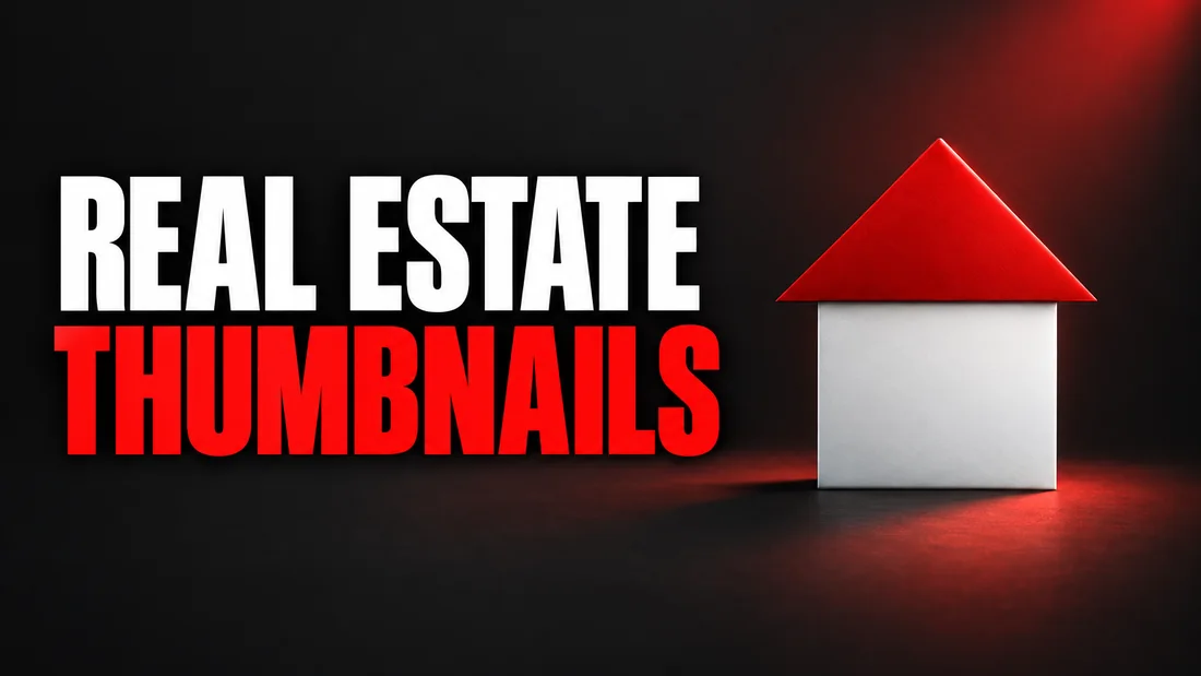 A white square with a red triangle resting on its top edge, a house reduced to two shapes, headline: REAL ESTATE THUMBNAILS
