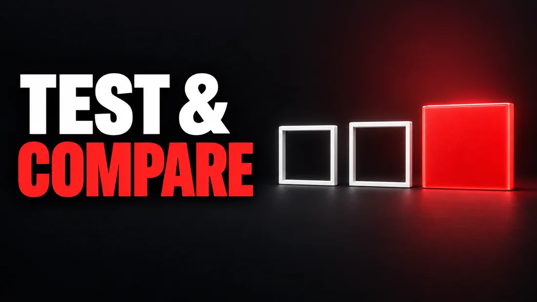 Three white outline frames in a row with the right one filled solid red and slightly larger, headline: TEST & COMPARE