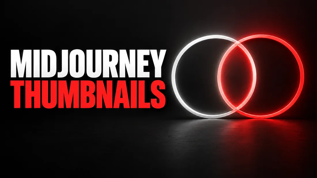 Two overlapping circle outlines, one white and one red, sharing a thin lens of overlap, headline: MIDJOURNEY THUMBNAILS