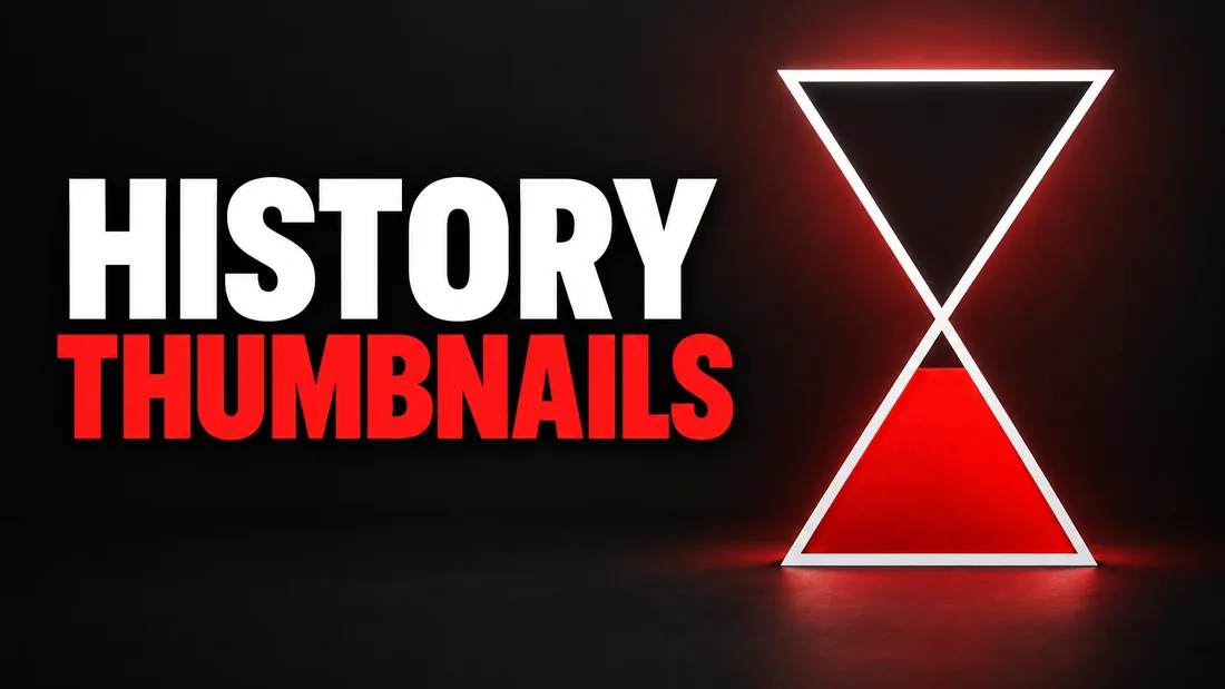 A white hourglass outline with a solid red band filling its lower half, headline: HISTORY THUMBNAILS