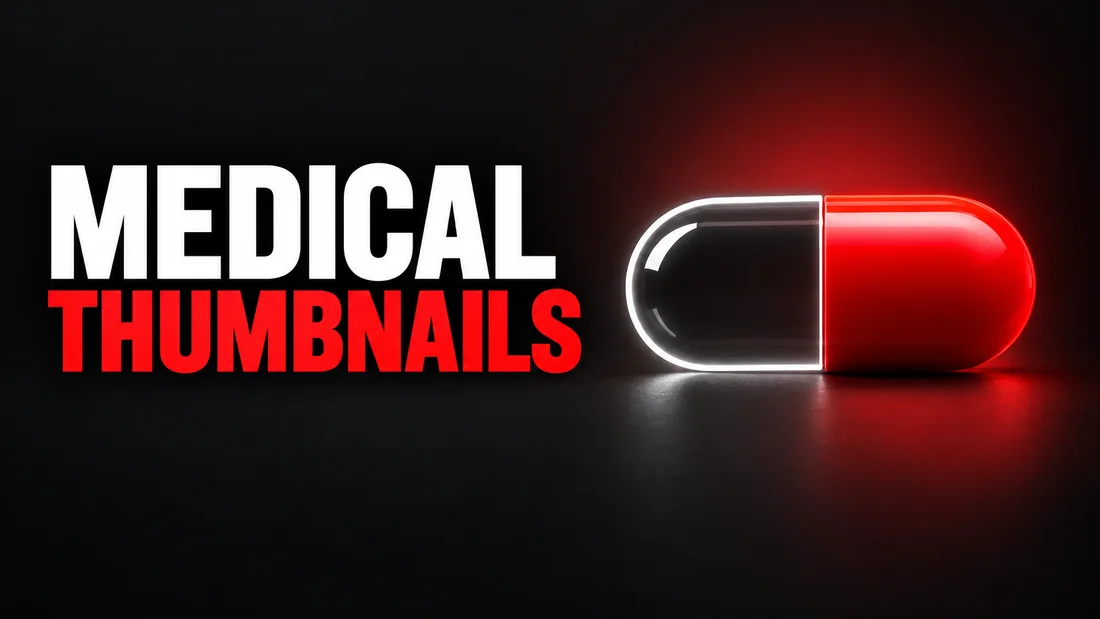 A white capsule outline split across its middle with the right half solid red, headline: MEDICAL THUMBNAILS