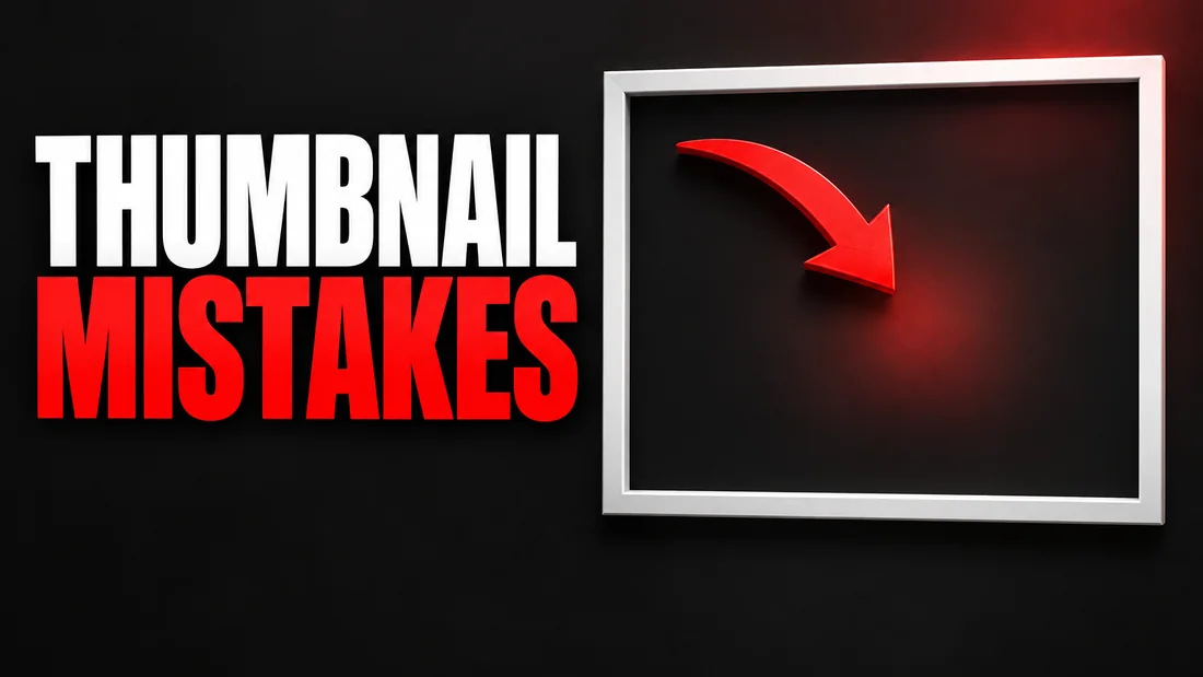 A wide white frame with one red arrow inside it pointing at an empty spot, headline: THUMBNAIL MISTAKES