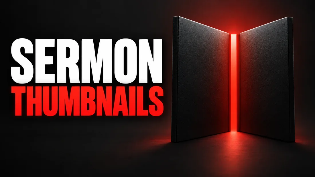 Two tall rectangles leaning together like an open book with a red spine bar, headline: SERMON THUMBNAILS