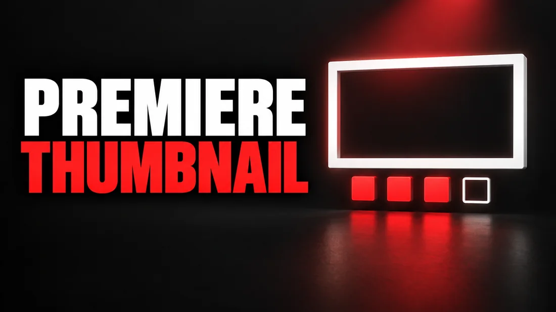 A wide white frame above a row of four small squares, three red and the last one hollow, headline: PREMIERE THUMBNAIL