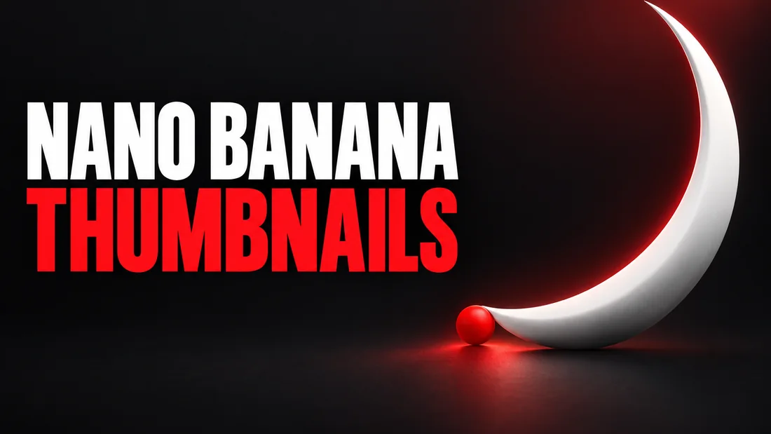 A wide white crescent curving upward with a small red dot at its lower tip, headline: NANO BANANA THUMBNAILS