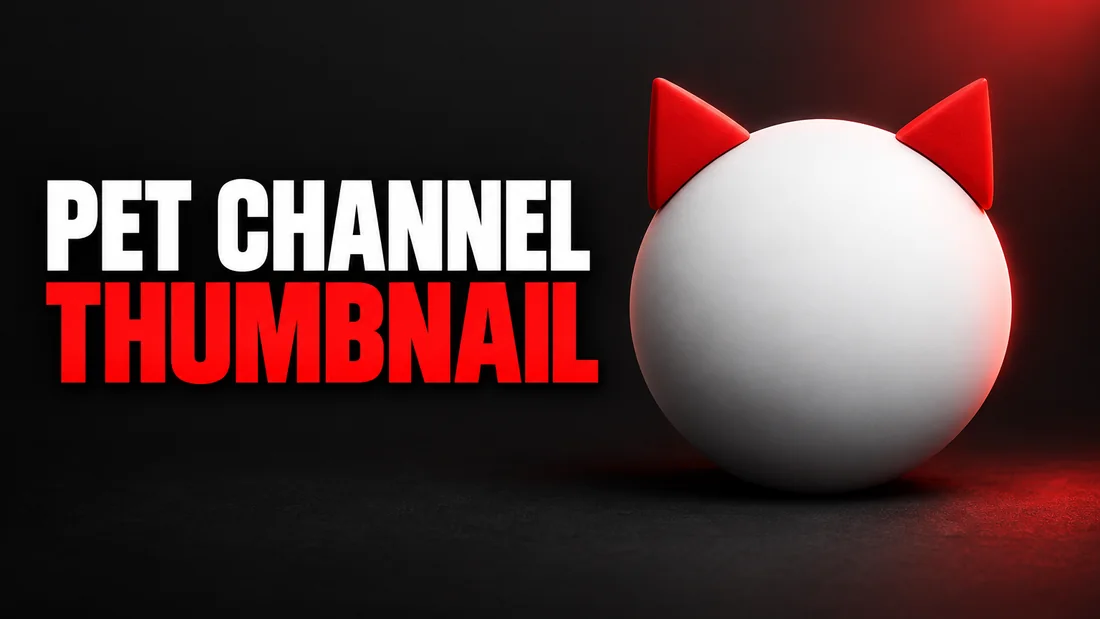 A large white circle with two small red triangles perched on its upper edge like ears, headline: PET CHANNEL THUMBNAIL