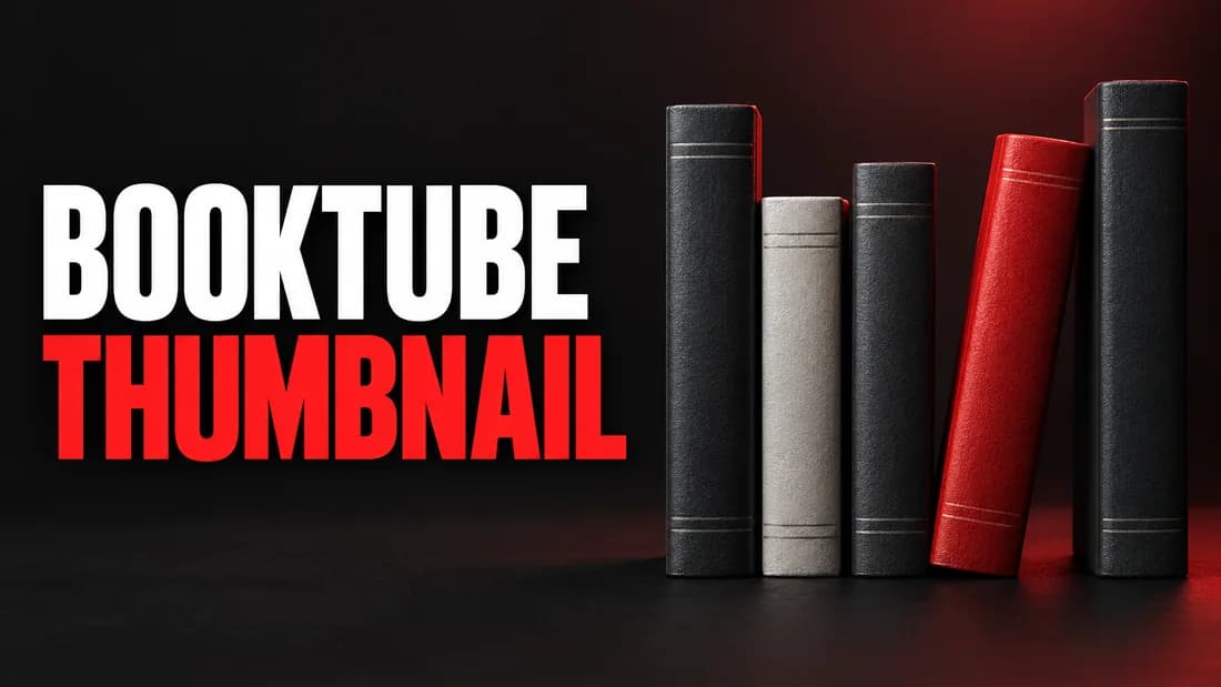 Five upright bars of uneven height on one baseline with one red bar tilted like a book spine, headline: BOOKTUBE THUMBNAIL