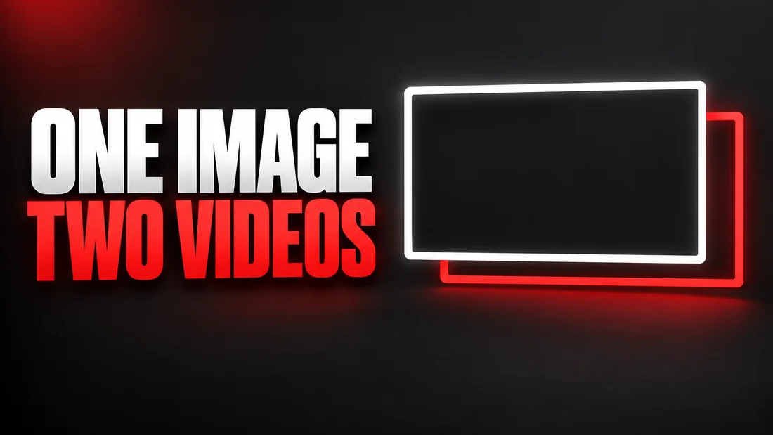 Two identical wide frames offset diagonally, the red copy peeking out from behind the white one, headline: ONE IMAGE TWO VIDEOS