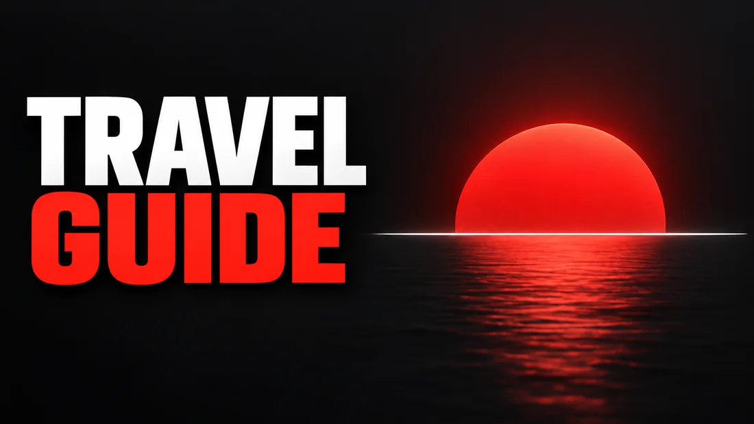A red half-disc sun resting on a long white horizon line, headline: TRAVEL GUIDE