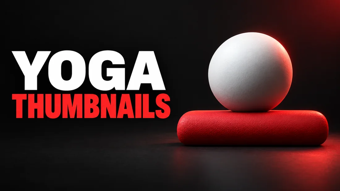 A white circle resting on a wide red rounded bar, headline: YOGA THUMBNAILS