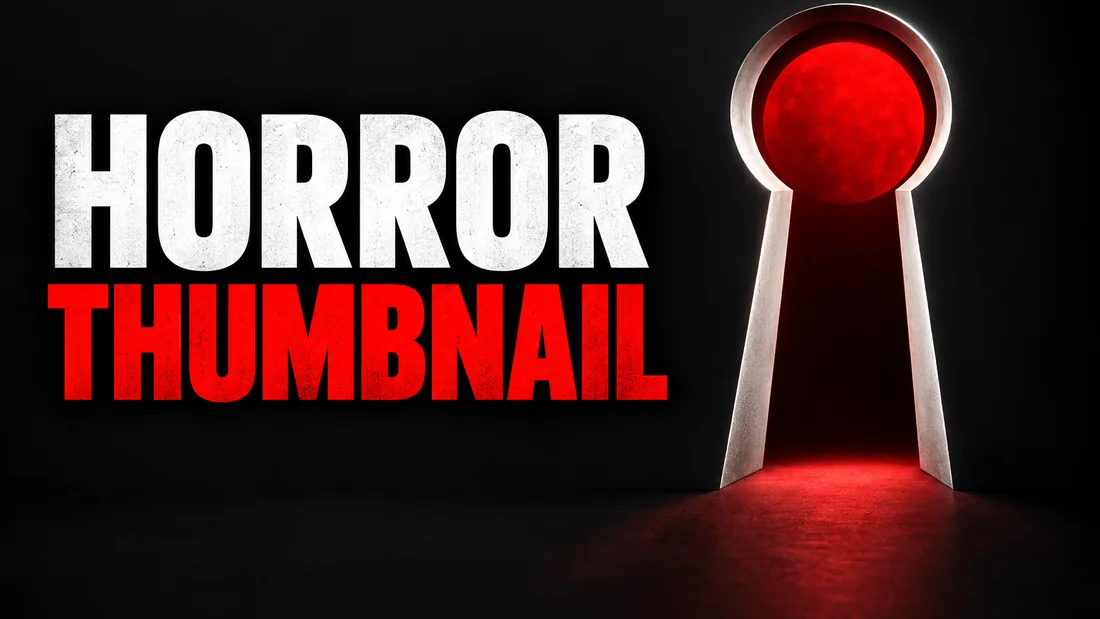 A tall white keyhole with a red disc showing through its round top, headline: HORROR THUMBNAIL