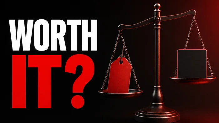 A balance scale weighing a red price tag against a thumbnail rectangle, headline: Worth it?