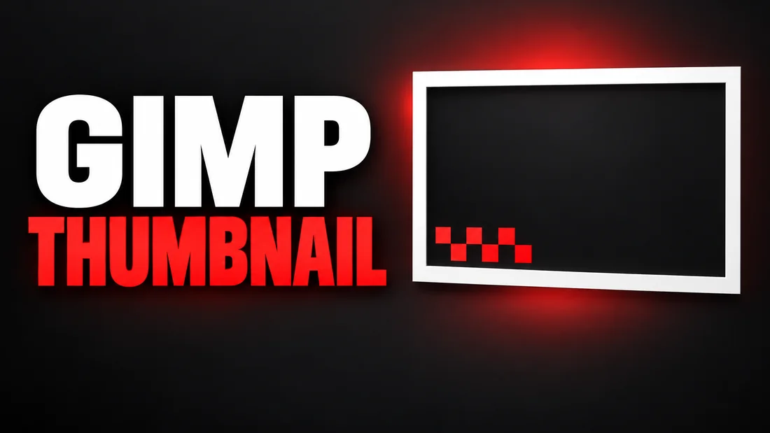 A white wide frame with a red checkerboard patch in its lower-left corner, headline: GIMP THUMBNAIL