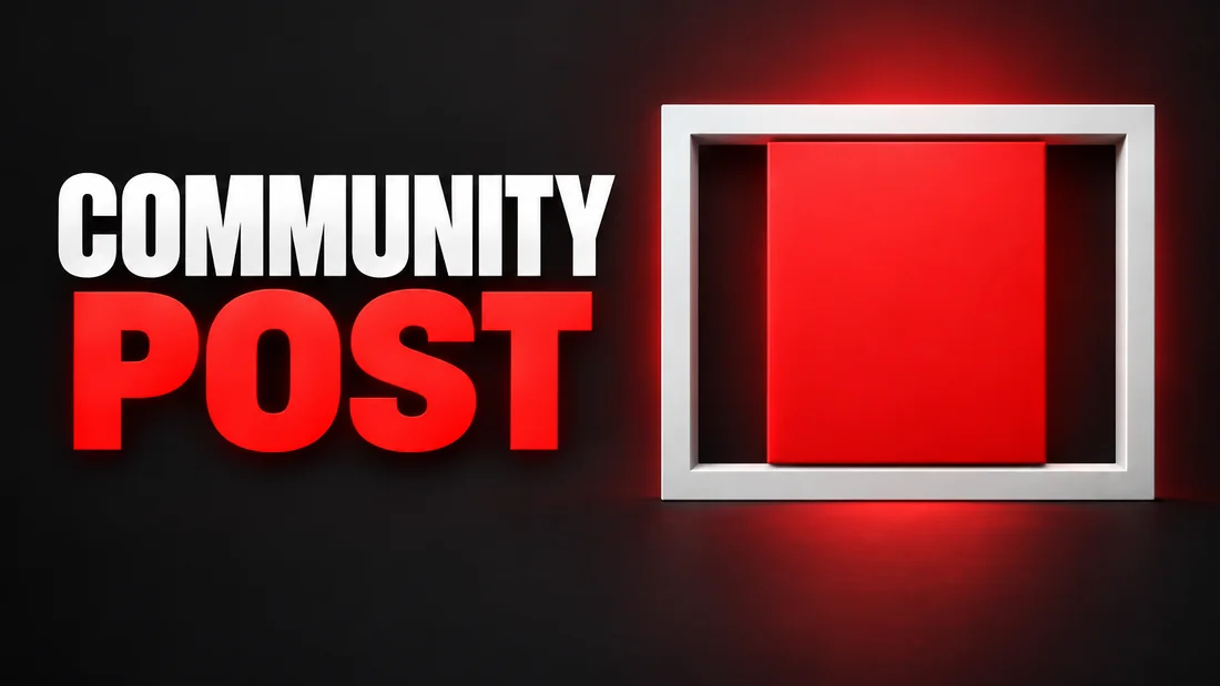 A solid red square centered inside a wide white frame outline, as tall as the frame, with empty strips at both sides, headline: COMMUNITY POST