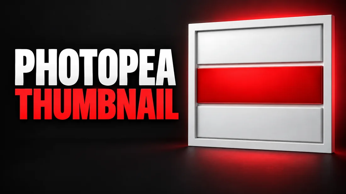 A wide white frame divided into three stacked horizontal bands with the middle band solid red, headline: PHOTOPEA THUMBNAIL