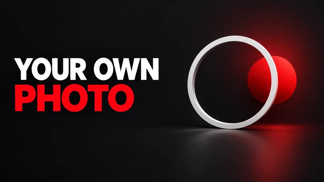 Abstract charcoal, white and coral geometric cover, headline: YOUR OWN / PHOTO. A white outlined circle inside a wide charcoal frame, with a smaller solid coral circle offset behind it like a camera subject stepping into light.