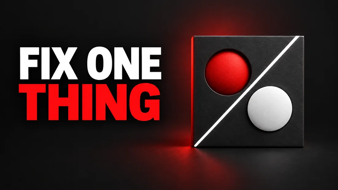 Abstract charcoal, white and coral geometric cover, headline: FIX ONE / THING. A charcoal square divided by a white diagonal, with a coral circle on the left and a corrected white circle snapped into place on the right.