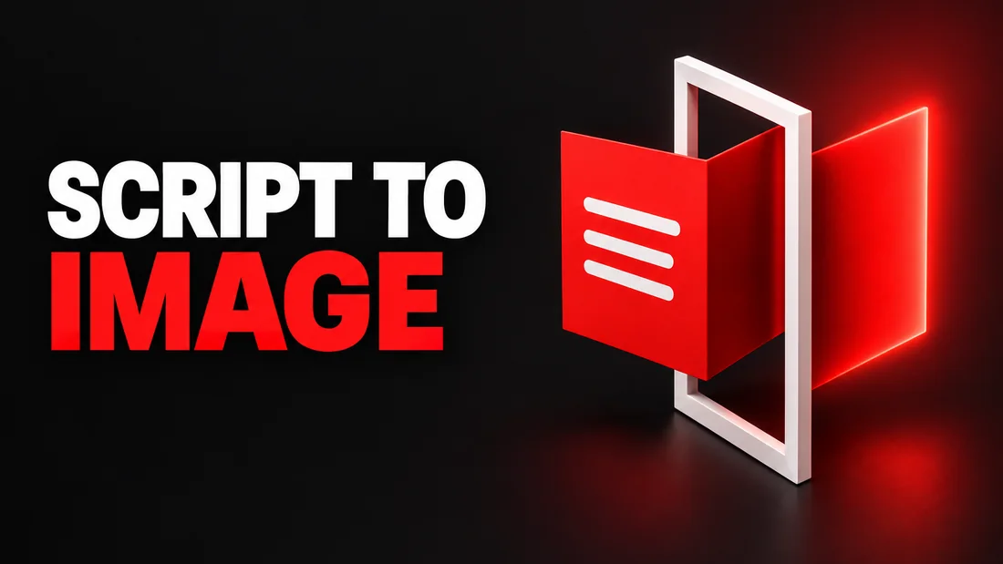 Abstract charcoal, white and coral geometric cover, headline: SCRIPT TO / IMAGE. A bright coral sheet marked with three short white lines folds through a white outlined frame, with the final folded panel glowing coral on the dark charcoal ground.