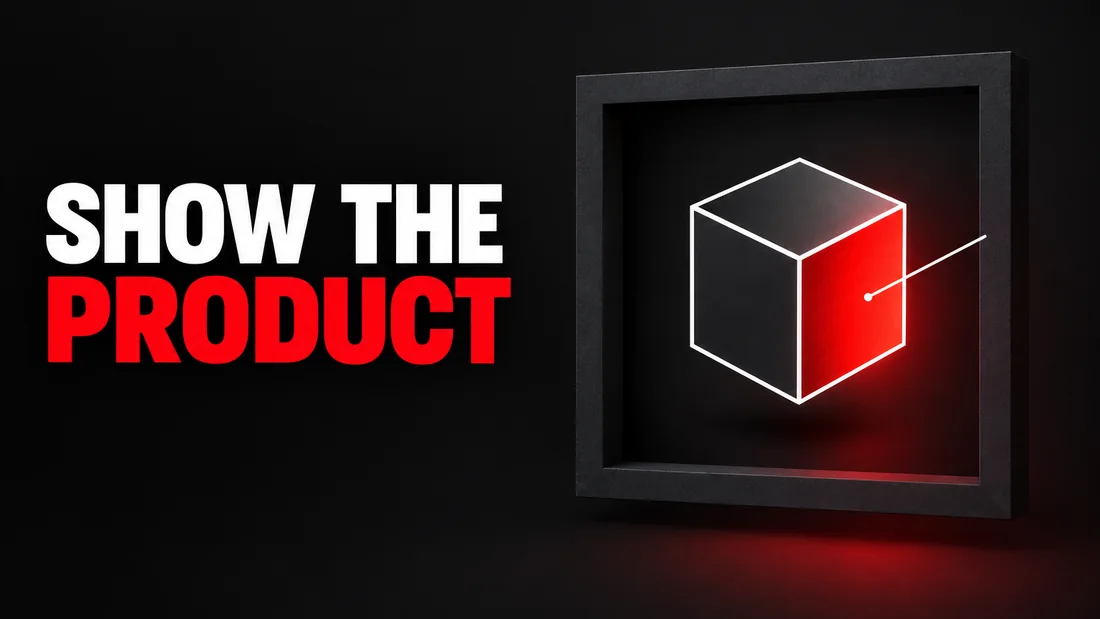 Abstract charcoal, white and coral geometric cover, headline: SHOW THE / PRODUCT. A white outlined cube floating inside a wide charcoal frame, with one coral face lit from the lower right and a short white pointer line aimed at it.