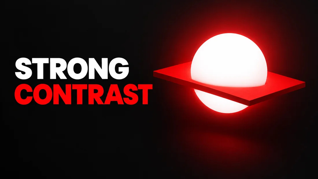 Abstract charcoal, white and coral geometric cover, headline: STRONG / CONTRAST. A bright white circle crosses a near-black field and a compact coral plane, with crisp geometric edges and a soft coral glow behind the forms.