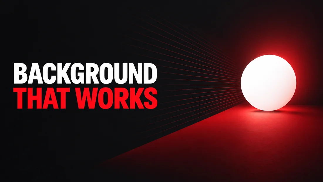 Abstract charcoal, white and coral geometric cover, headline: BACKGROUND / THAT WORKS. A crisp white focal circle sits over one calm coral plane while thin background lines dissolve into a dark field before reaching it.