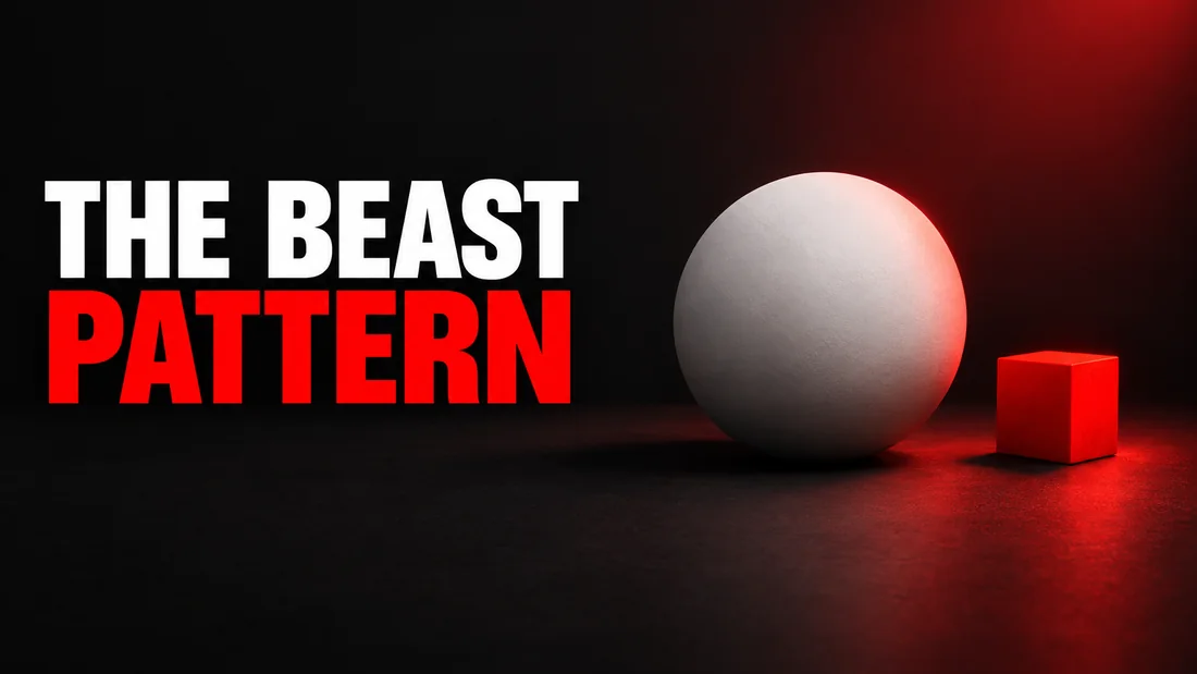 Dark cover with white THE BEAST and red PATTERN text. On the right, one large white sphere beside one small bright red cube, the two resting on a single dark plane under a red light.