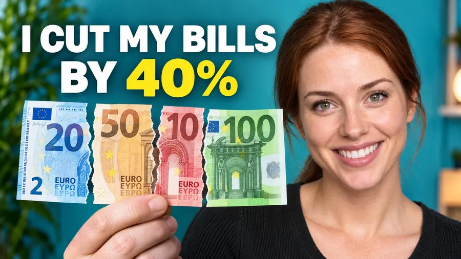 What WThumb made with a photograph: a different person holding euro notes against a teal wall, headline I cut my bills by 40 percent