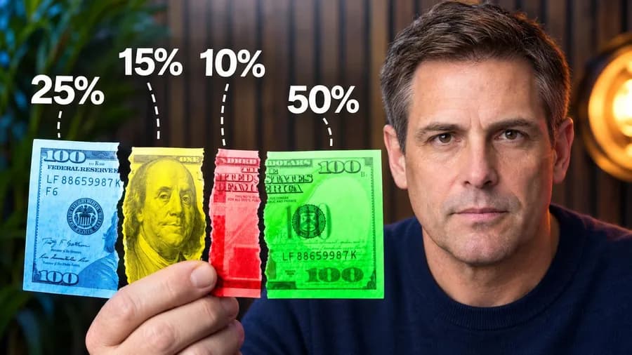 The thumbnail that was pasted in: a man holding four colored banknotes with percentages above them