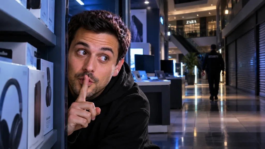 A WThumb thumbnail made from a description: a man hiding in a closed electronics store at night, finger to his lips, a security guard walking away