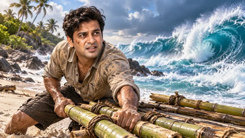 A WThumb thumbnail made from a description: a man dragging a bamboo raft across a beach as a huge wave rises behind him