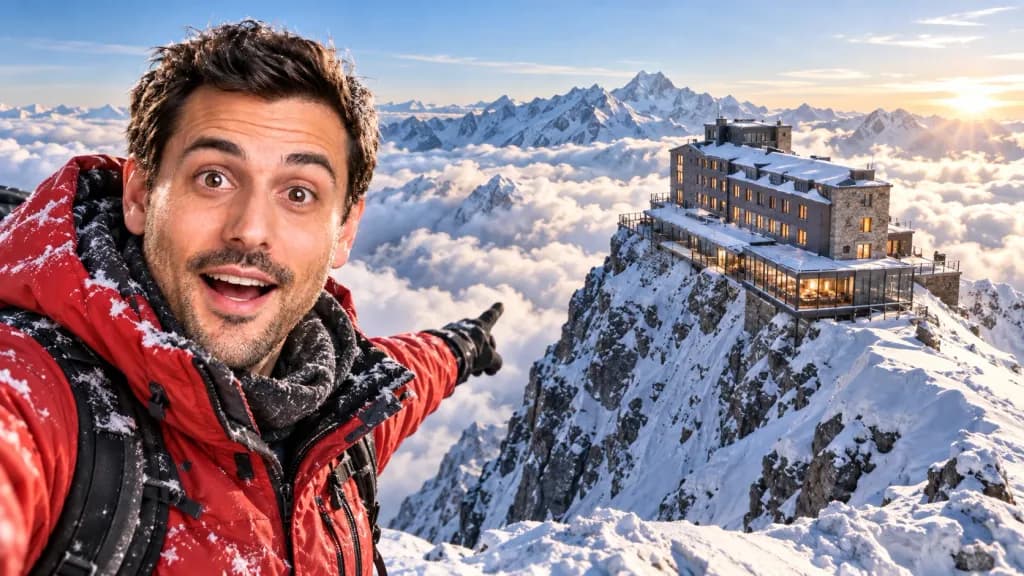 A WThumb thumbnail made from a description: a climber in a red jacket pointing at a hotel on a snowy summit above the clouds
